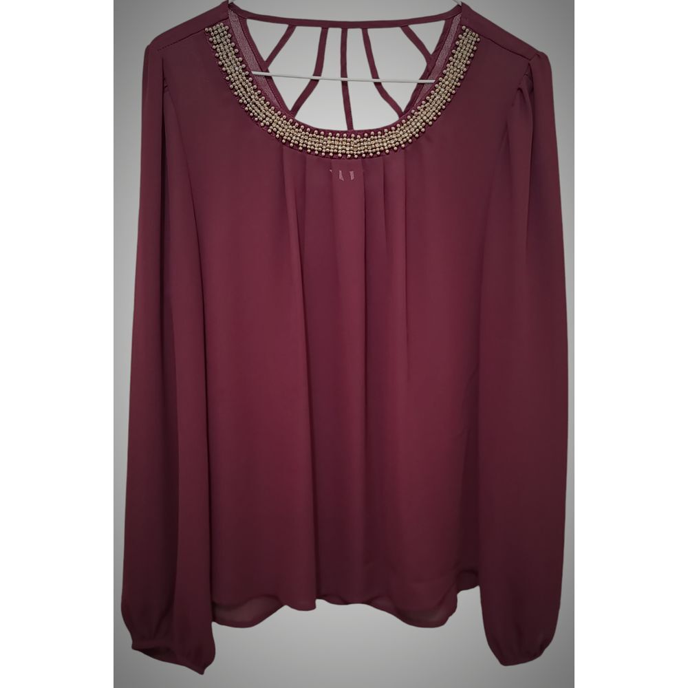 Blu Pepper Burgundy Blouse with Gold Beaded Neckline & Strappy Back Detail Sheer